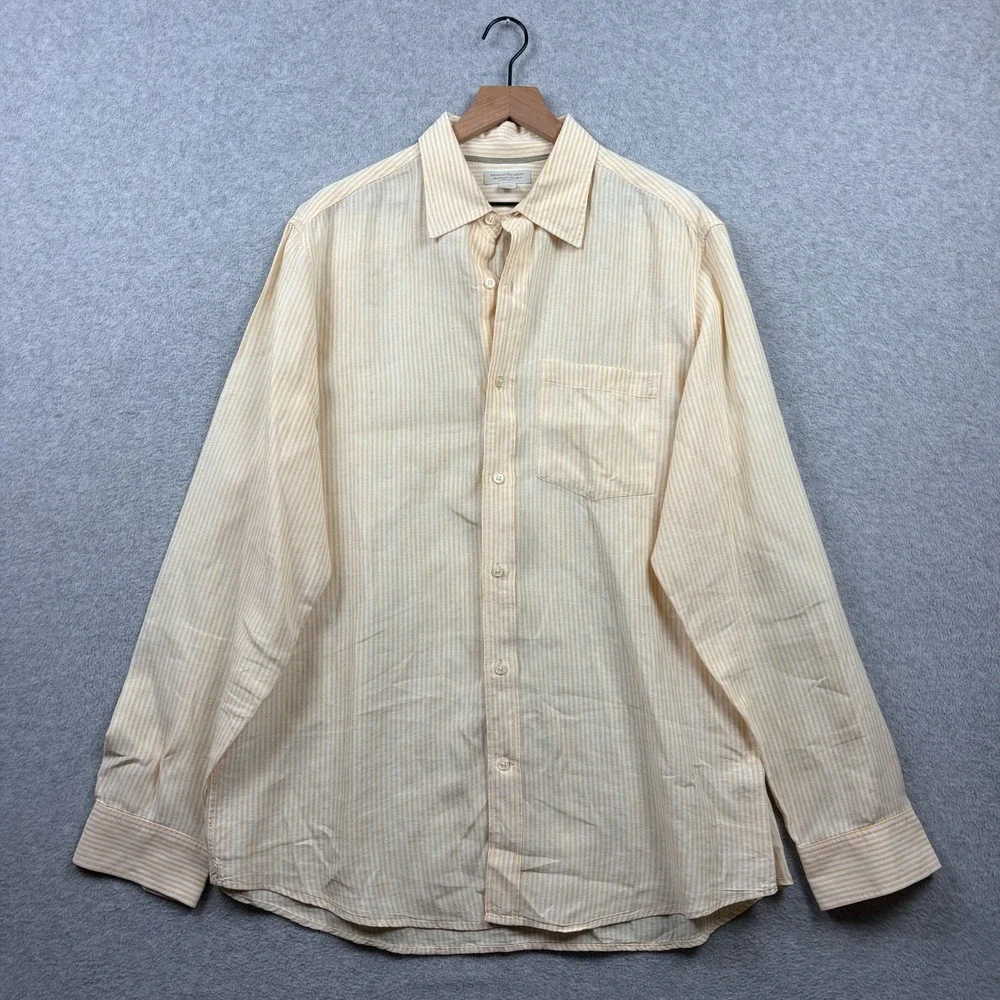 Banana Republic Shirt Mens XL Yellow University Stripe 100% Linen Button Up Y2K